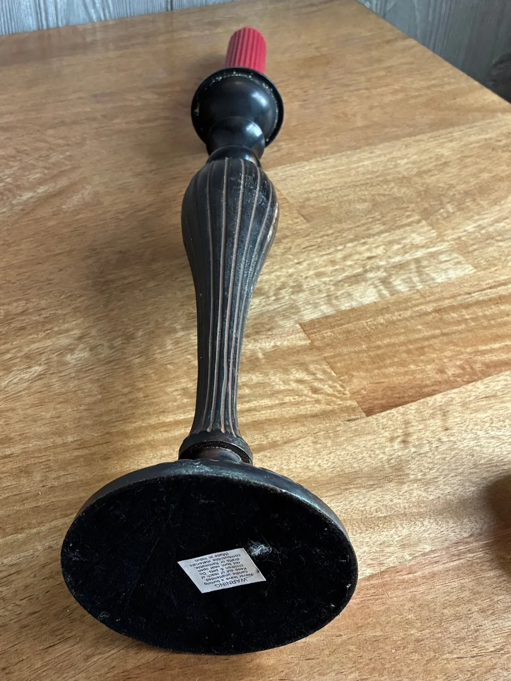 Vintage like Red Taper Candle with Black Metal Candlestick   Very heavy